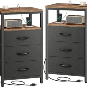 Huuger Nightstand with Charging Station, 27.6 Inch Bedside Table with Fabric Drawers, End Table with USB Ports and Outlets, Night Stand for Bedroom, Rustic Brown