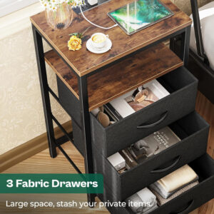 Huuger Nightstand with Charging Station, 27.6 Inch Bedside Table with Fabric Drawers, End Table with USB Ports and Outlets, Night Stand for Bedroom, Rustic Brown