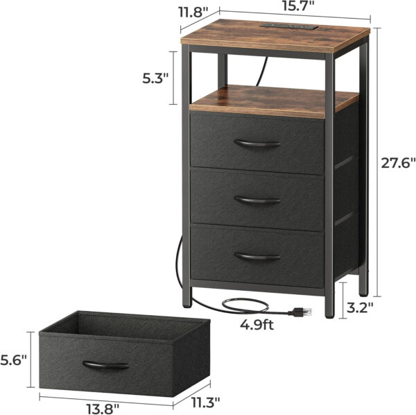 Huuger Nightstand with Charging Station, 27.6 Inch Bedside Table with Fabric Drawers, End Table with USB Ports and Outlets, Night Stand for Bedroom, Rustic Brown