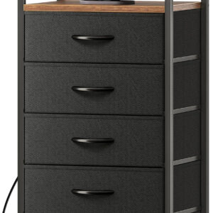 Huuger Nightstand with Charging Station, 27.6 Inch Bedside Table with Fabric Drawers, End Table with USB Ports and Outlets, Night Stand for Bedroom, Rustic Brown