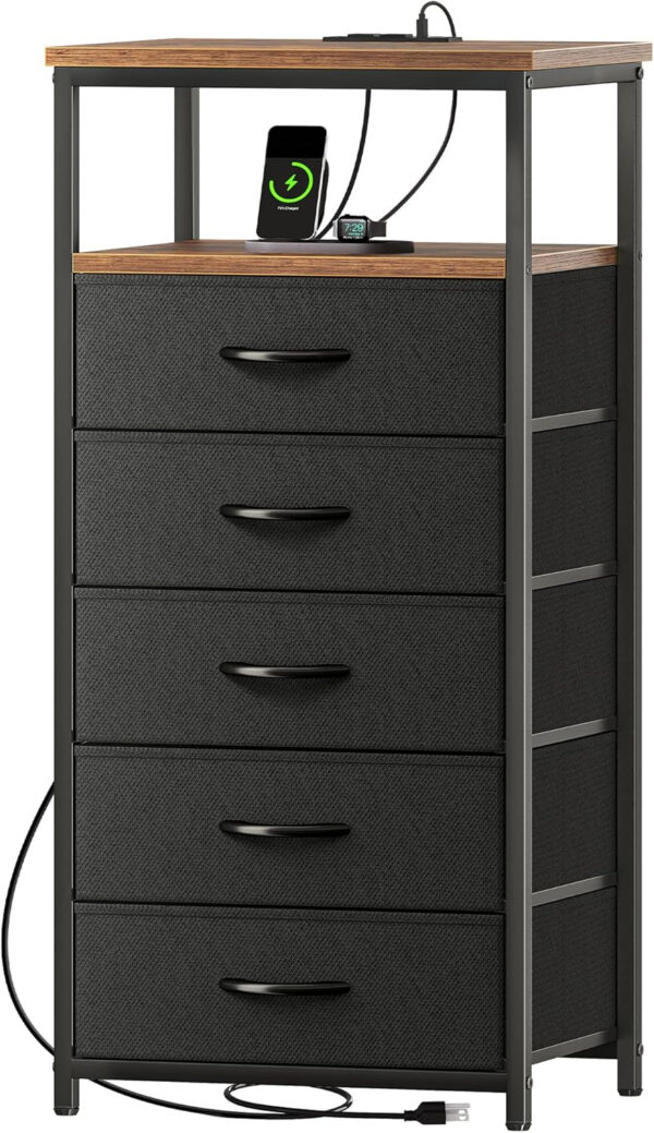Huuger Nightstand with Charging Station, 27.6 Inch Bedside Table with Fabric Drawers, End Table with USB Ports and Outlets, Night Stand for Bedroom, Rustic Brown