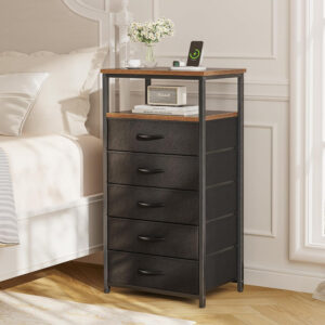 Huuger Nightstand with Charging Station, 27.6 Inch Bedside Table with Fabric Drawers, End Table with USB Ports and Outlets, Night Stand for Bedroom, Rustic Brown