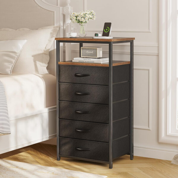 Huuger Nightstand with Charging Station, 27.6 Inch Bedside Table with Fabric Drawers, End Table with USB Ports and Outlets, Night Stand for Bedroom, Rustic Brown