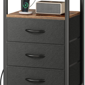 Huuger Nightstand with Charging Station, 27.6 Inch Bedside Table with Fabric Drawers, End Table with USB Ports and Outlets, Night Stand for Bedroom, Rustic Brown