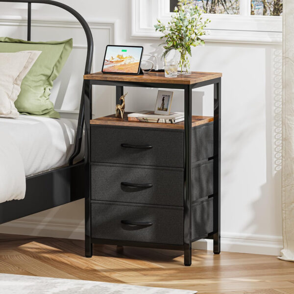 Huuger Nightstand with Charging Station, 27.6 Inch Bedside Table with Fabric Drawers, End Table with USB Ports and Outlets, Night Stand for Bedroom, Rustic Brown