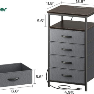 Huuger Nightstand with Charging Station, 27.6 Inch Bedside Table with Fabric Drawers, End Table with USB Ports and Outlets, Night Stand for Bedroom, Rustic Brown