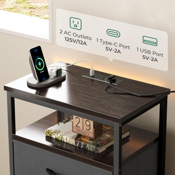 Huuger Nightstand with Charging Station, 27.6 Inch Bedside Table with Fabric Drawers, End Table with USB Ports and Outlets, Night Stand for Bedroom, Rustic Brown