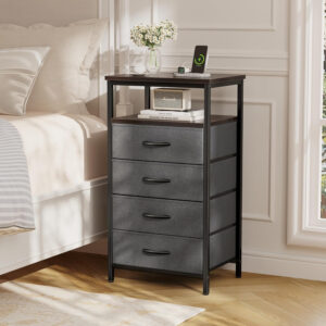 Huuger Nightstand with Charging Station, 27.6 Inch Bedside Table with Fabric Drawers, End Table with USB Ports and Outlets, Night Stand for Bedroom, Rustic Brown