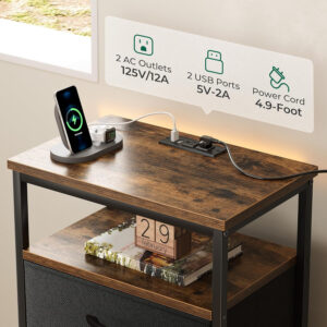 Huuger Nightstand with Charging Station, 27.6 Inch Bedside Table with Fabric Drawers, End Table with USB Ports and Outlets, Night Stand for Bedroom, Rustic Brown