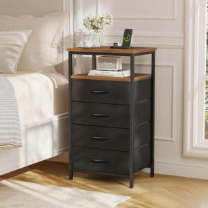 Huuger Nightstand with Charging Station, 27.6 Inch Bedside Table with Fabric Drawers, End Table with USB Ports and Outlets, Night Stand for Bedroom, Rustic Brown