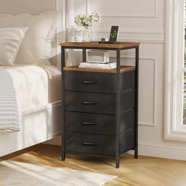 Huuger Nightstand with Charging Station, 27.6 Inch Bedside Table with Fabric Drawers, End Table with USB Ports and Outlets, Night Stand for Bedroom, Rustic Brown