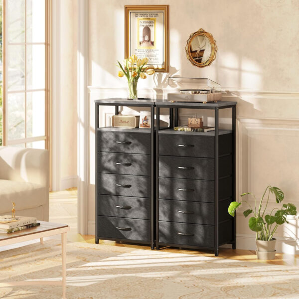 Huuger Nightstand with Charging Station, 27.6 Inch Bedside Table with Fabric Drawers, End Table with USB Ports and Outlets, Night Stand for Bedroom, Rustic Brown
