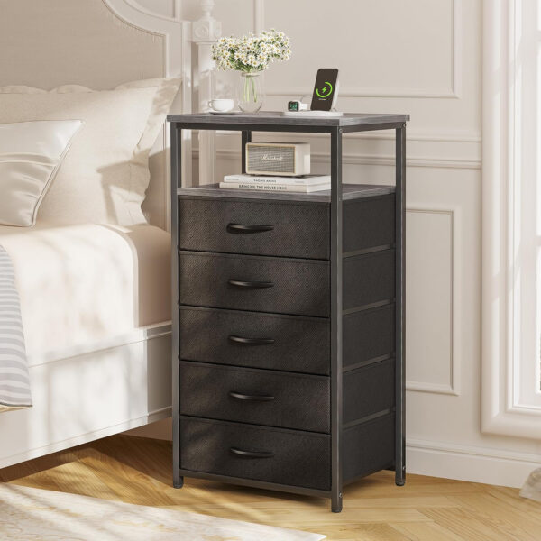 Huuger Nightstand with Charging Station, 27.6 Inch Bedside Table with Fabric Drawers, End Table with USB Ports and Outlets, Night Stand for Bedroom, Rustic Brown