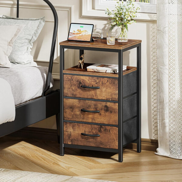 Huuger Nightstand with Charging Station, 27.6 Inch Bedside Table with Fabric Drawers, End Table with USB Ports and Outlets, Night Stand for Bedroom, Rustic Brown