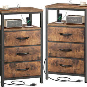 Huuger Nightstand with Charging Station, 27.6 Inch Bedside Table with Fabric Drawers, End Table with USB Ports and Outlets, Night Stand for Bedroom, Rustic Brown