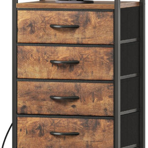 Huuger Nightstand with Charging Station, 27.6 Inch Bedside Table with Fabric Drawers, End Table with USB Ports and Outlets, Night Stand for Bedroom, Rustic Brown