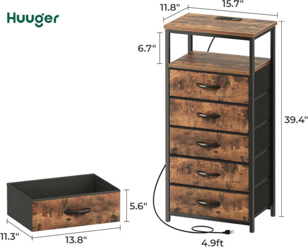 Huuger Nightstand with Charging Station, 27.6 Inch Bedside Table with Fabric Drawers, End Table with USB Ports and Outlets, Night Stand for Bedroom, Rustic Brown