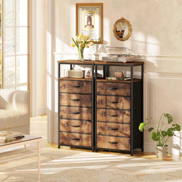 Huuger Nightstand with Charging Station, 27.6 Inch Bedside Table with Fabric Drawers, End Table with USB Ports and Outlets, Night Stand for Bedroom, Rustic Brown
