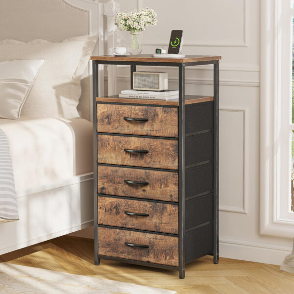 Huuger Nightstand with Charging Station, 27.6 Inch Bedside Table with Fabric Drawers, End Table with USB Ports and Outlets, Night Stand for Bedroom, Rustic Brown