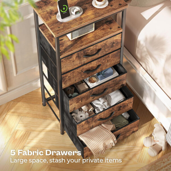 Huuger Nightstand with Charging Station, 27.6 Inch Bedside Table with Fabric Drawers, End Table with USB Ports and Outlets, Night Stand for Bedroom, Rustic Brown
