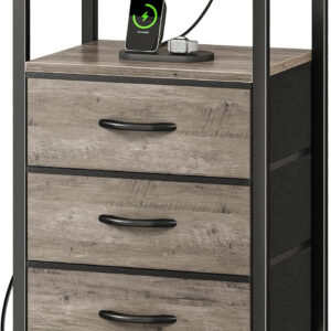 Huuger Nightstand with Charging Station, 27.6 Inch Bedside Table with Fabric Drawers, End Table with USB Ports and Outlets, Night Stand for Bedroom, Rustic Brown