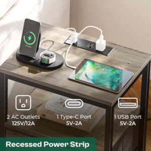 Huuger Nightstand with Charging Station, 27.6 Inch Bedside Table with Fabric Drawers, End Table with USB Ports and Outlets, Night Stand for Bedroom, Rustic Brown