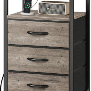Huuger Nightstand with Charging Station, 27.6 Inch Bedside Table with Fabric Drawers, End Table with USB Ports and Outlets, Night Stand for Bedroom, Rustic Brown
