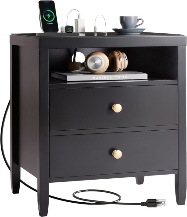 Huuger Black Nightstand Set of 2, Night Stand with Charger Station, Bedside Table with 2 Drawers, Bed Side Tables for Bedroom, Modern Nightstands, Metal Knobs, Painted Surface