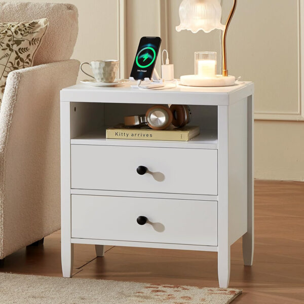 Huuger Black Nightstand Set of 2, Night Stand with Charger Station, Bedside Table with 2 Drawers, Bed Side Tables for Bedroom, Modern Nightstands, Metal Knobs, Painted Surface