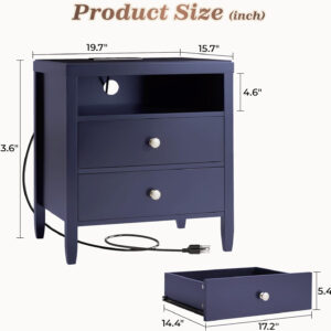 Huuger Black Nightstand Set of 2, Night Stand with Charger Station, Bedside Table with 2 Drawers, Bed Side Tables for Bedroom, Modern Nightstands, Metal Knobs, Painted Surface