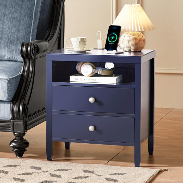 Huuger Black Nightstand Set of 2, Night Stand with Charger Station, Bedside Table with 2 Drawers, Bed Side Tables for Bedroom, Modern Nightstands, Metal Knobs, Painted Surface
