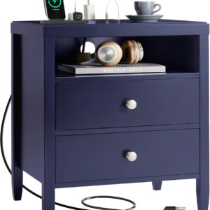 Huuger Black Nightstand Set of 2, Night Stand with Charger Station, Bedside Table with 2 Drawers, Bed Side Tables for Bedroom, Modern Nightstands, Metal Knobs, Painted Surface