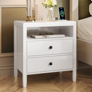 Huuger Black Nightstand Set of 2, Night Stand with Charger Station, Bedside Table with 2 Drawers, Bed Side Tables for Bedroom, Modern Nightstands, Metal Knobs, Painted Surface