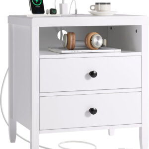 Huuger Black Nightstand Set of 2, Night Stand with Charger Station, Bedside Table with 2 Drawers, Bed Side Tables for Bedroom, Modern Nightstands, Metal Knobs, Painted Surface