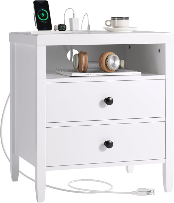 Huuger Black Nightstand Set of 2, Night Stand with Charger Station, Bedside Table with 2 Drawers, Bed Side Tables for Bedroom, Modern Nightstands, Metal Knobs, Painted Surface