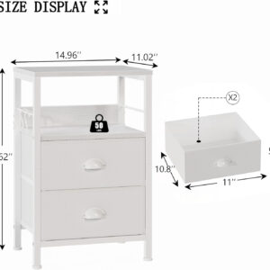 Furologee Nightstands Set 2, End Table with 2 Fabric Drawers, Bedside Table with 2 Hooks, Open Wood Shelf Side Sofa Table for Bedroom/Living Room/Hallway/White