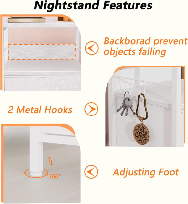 Furologee Nightstands Set 2, End Table with 2 Fabric Drawers, Bedside Table with 2 Hooks, Open Wood Shelf Side Sofa Table for Bedroom/Living Room/Hallway/White