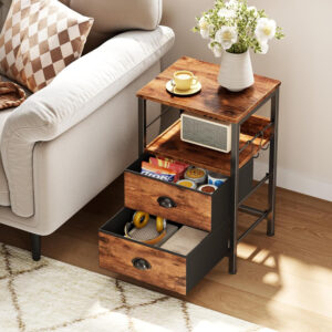 Furologee Nightstands Set 2, End Table with 2 Fabric Drawers, Bedside Table with 2 Hooks, Open Wood Shelf Side Sofa Table for Bedroom/Living Room/Hallway/White
