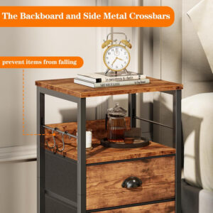 Furologee Nightstands Set 2, End Table with 2 Fabric Drawers, Bedside Table with 2 Hooks, Open Wood Shelf Side Sofa Table for Bedroom/Living Room/Hallway/White