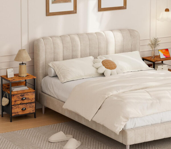 Furologee Nightstands Set 2, End Table with 2 Fabric Drawers, Bedside Table with 2 Hooks, Open Wood Shelf Side Sofa Table for Bedroom/Living Room/Hallway/White