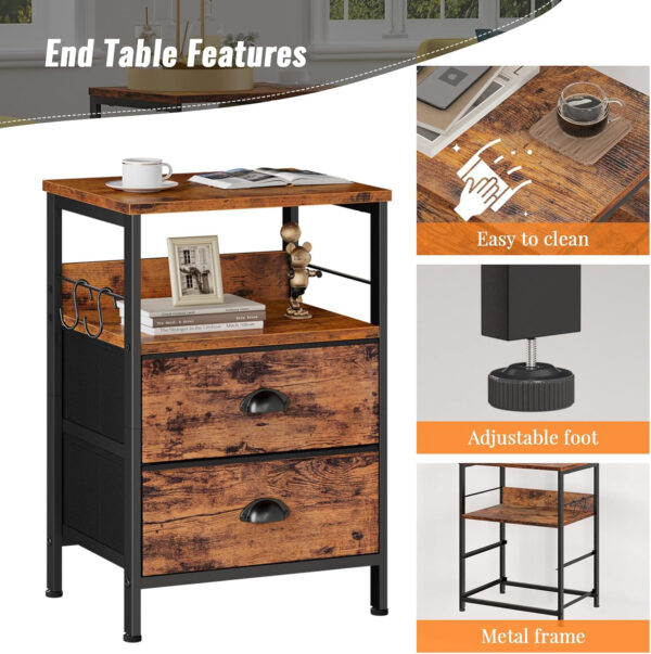 Furologee Nightstands Set 2, End Table with 2 Fabric Drawers, Bedside Table with 2 Hooks, Open Wood Shelf Side Sofa Table for Bedroom/Living Room/Hallway/White