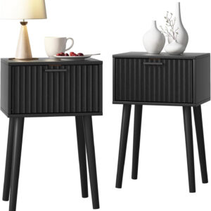 LAATOOREE Nightstands Set of 2, Small Side Table, Bedside Table with Fluted Door, Solid Wood Feet Modern Mid-Century End Table for Bedroom, Small Space (Black)