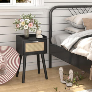 LAATOOREE Nightstands Set of 2, Small Side Table, Bedside Table with Fluted Door, Solid Wood Feet Modern Mid-Century End Table for Bedroom, Small Space (Black)