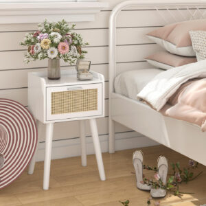 LAATOOREE Nightstands Set of 2, Small Side Table, Bedside Table with Fluted Door, Solid Wood Feet Modern Mid-Century End Table for Bedroom, Small Space (Black)