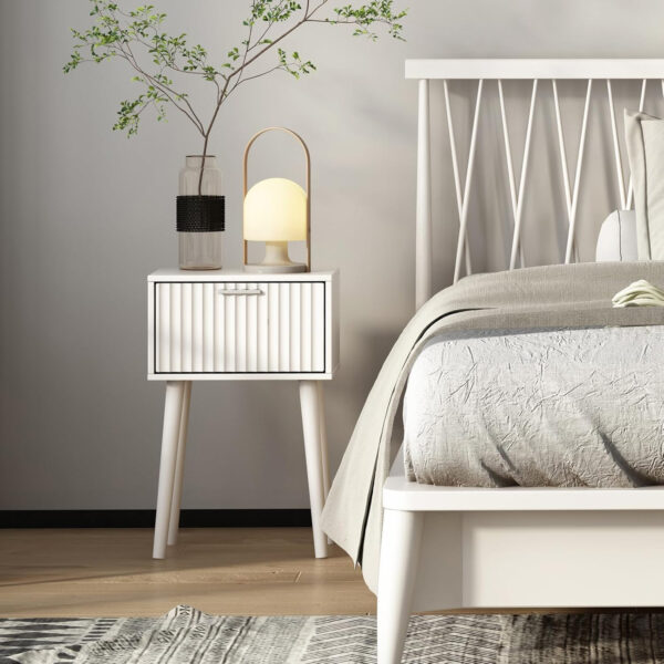 LAATOOREE Nightstands Set of 2, Small Side Table, Bedside Table with Fluted Door, Solid Wood Feet Modern Mid-Century End Table for Bedroom, Small Space (Black)