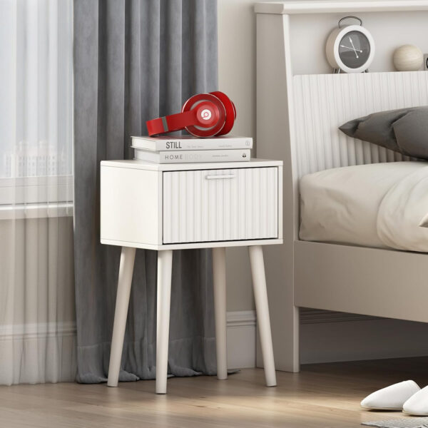 LAATOOREE Nightstands Set of 2, Small Side Table, Bedside Table with Fluted Door, Solid Wood Feet Modern Mid-Century End Table for Bedroom, Small Space (Black)