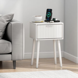 LAATOOREE Nightstands Set of 2, Small Side Table, Bedside Table with Fluted Door, Solid Wood Feet Modern Mid-Century End Table for Bedroom, Small Space (Black)