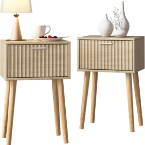 LAATOOREE Nightstands Set of 2, Small Side Table, Bedside Table with Fluted Door, Solid Wood Feet Modern Mid-Century End Table for Bedroom, Small Space (Black)