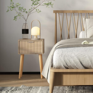 LAATOOREE Nightstands Set of 2, Small Side Table, Bedside Table with Fluted Door, Solid Wood Feet Modern Mid-Century End Table for Bedroom, Small Space (Black)