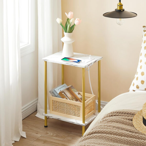 HOOBRO Side Table with Charging Station, End Table with USB Ports and Outlet, Nightstand with 2-Layer Storage Shelves for Small Spaces, Living Room, Bedroom, Stable Frame, Rustic Brown BF09UBZ01